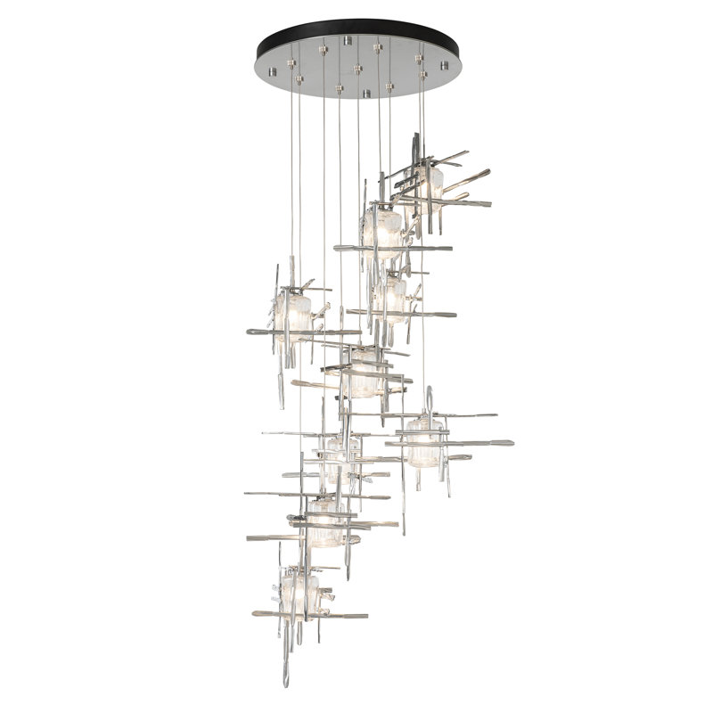 Tura 9-Light Glass Round Pendant, Seeded Clear, 30" - 130", Sterling