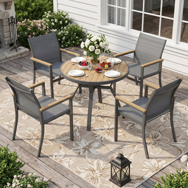 All Aluminum 5-Piece Outdoor Dining Set, 4-Person Outdoor Table and Chairs with Round HDPS Top, All-Weather Patio Dining Set for Backyard, Deck, Garden