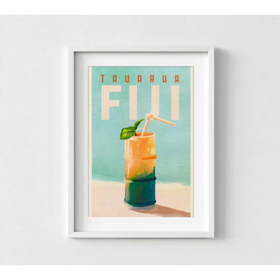 Affiche de voyage des Fidji - reproduction rétro d'une boisson sur la plage de Tavarua