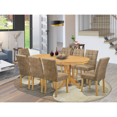 9 Piece Mid Century Modern Dining Table Set contains a Dining Table and 8 Brown Textured Faux Leather Modern Chairs, Oak Finish