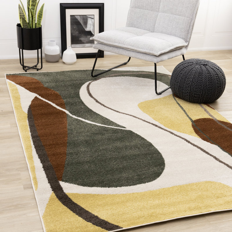 Tapis abstrait à poils courts jaune, vert et brun, Rectangle 5 pi 3 po x 7 pi 7 po