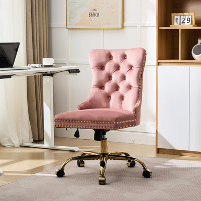 Pink Swivel Office Chair With Modern Velvet Upholstery, Golden Metal Base, Adjustable Feature, Buttons, Triple Elastic Structure Cushion, Hand - Crafted Nailhead Trim Upholstered Swivel, High Rebound
