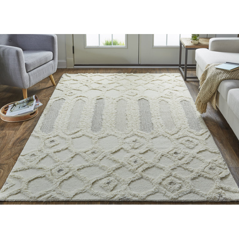 Tapis rectangulaire en laine touffeté à la main à motif abstrait Keori ivoire / taupe / brun clair, Rectangle de 5 pi x 8 pi