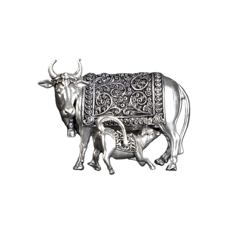 Petite statue de vache et de veau super fine en laiton plaqué argent en plusieurs tailles
