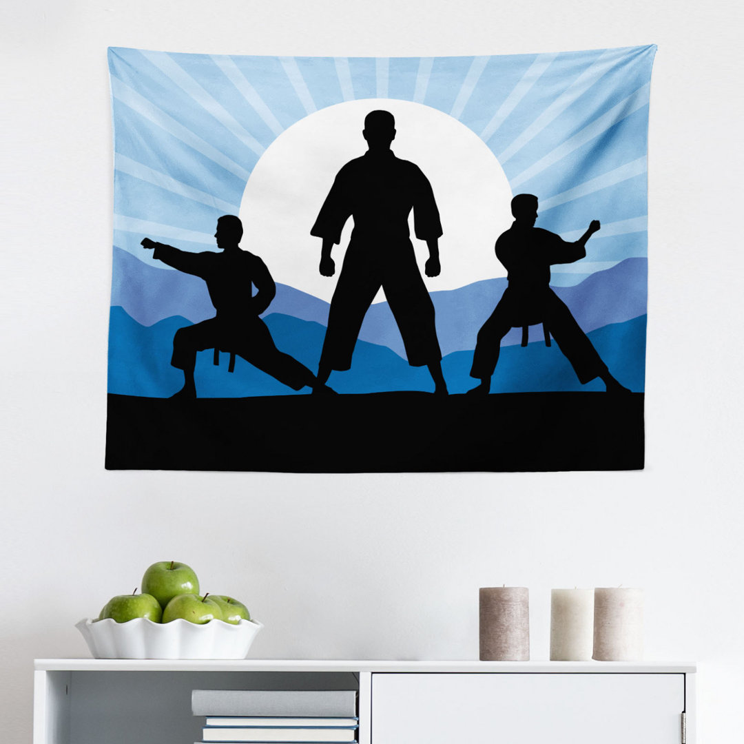 Wandteppich, Karate Männer Silhouetten Sun, Kung Fu, Sky Blue Grau