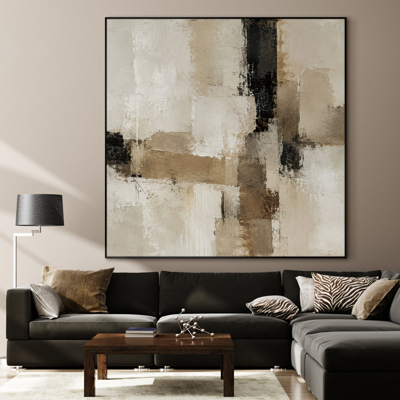 Très grand art mural imprimé sur toile - Formes horizontales abstraites beiges, décoration de salon moderne - "Assemblage requis du cadre (cadre non fini)"