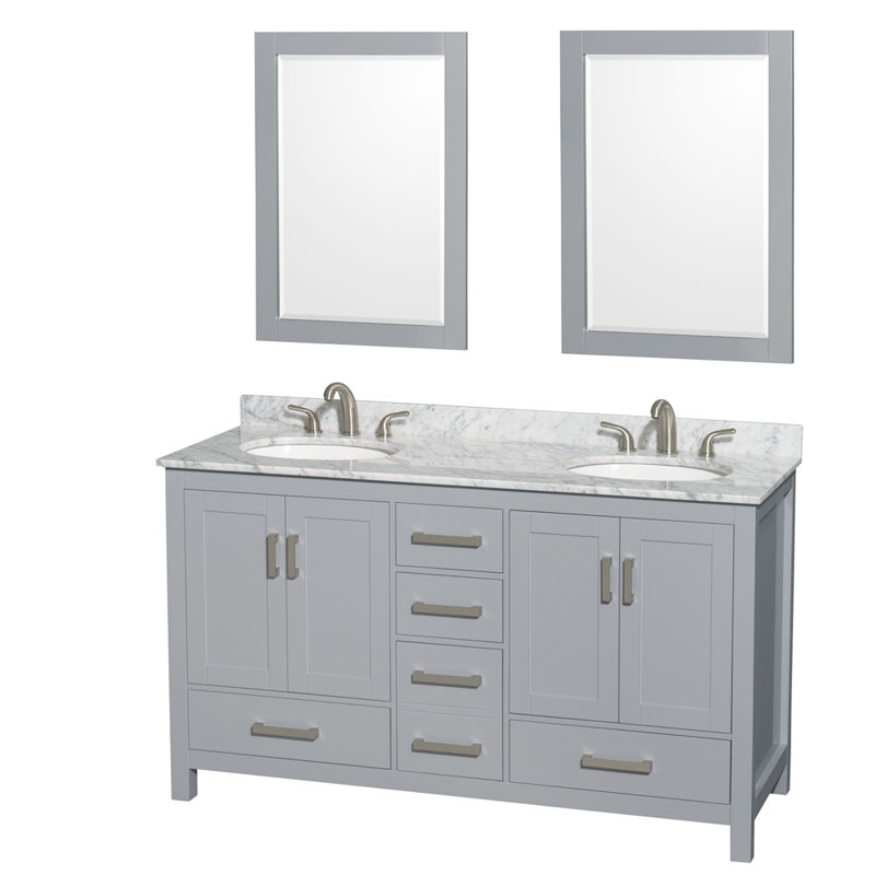 Sheffield 72" Double Bathroom Vanity Set with Mirror, Gray, 60" W, White Carrara Marble
