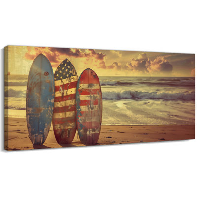  «Ocean Patriotic American Flag», art mural sur toile de planche de surf rétro, scène de plage côtière, impression sereine coucher de soleil océan pour salon, chambre, bureau, décoration, 12 x 24 po