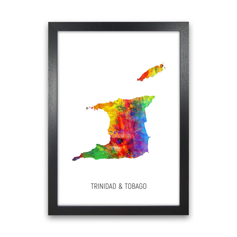 Trinidad And Tobago Watercolour Map by Michael Tompsett - Print, 34cm H x 25cm W x 3cm D, Black Framed