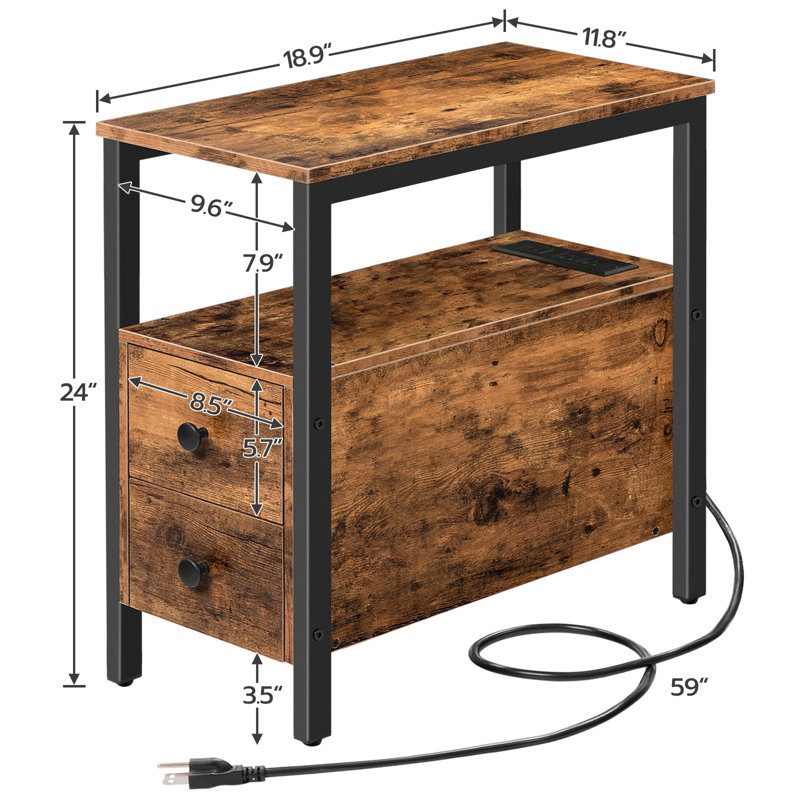 Table de bout à 2 tiroirs avec prises intégrées Artimon, Brun, 2