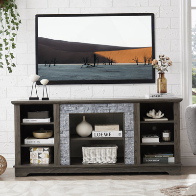 TV Media Stand With With Faux Stacked Stone Surround, Modern TV Stand With Open Storage Space