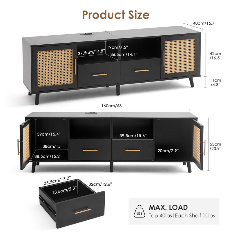 Black Wood and Rattan TV Stand with RGB Lights