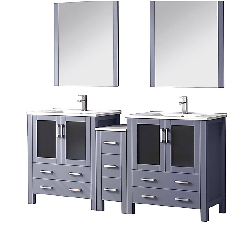Double cuve de comptoir de salle de bain double avec armoire latérale, ensemble de robinet, comptoir en céramique et miroir