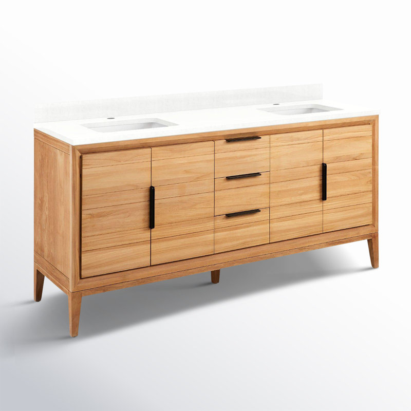Aliso 72" Double Bathroom Vanity, Single-Hole Centered, Feathered White Quartz, Natural Teak
