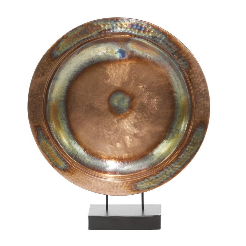 Mahurin Copper Metal Plate Large Weathered Disk Decorative Sculpture with Elevated Black Stand