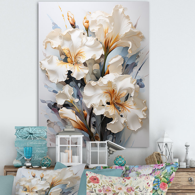 «Serenade of Irises» beige et jaune sur toile, impression sur toile, H 32 po x l 24 po x P 1 po, Toile tendue
