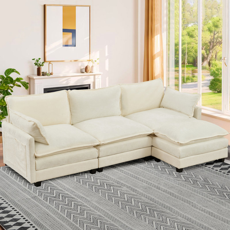Carbry 113" L-Shaped Couch Sofa With Ottoman Deep Seat Upholstered Sectional, Beige White Chenille