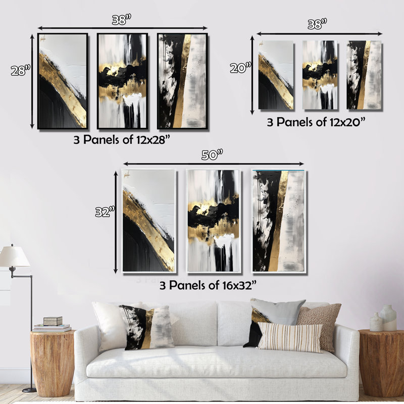 «Geometric Essence Minimal Abstract Gold», ensemble de 3 reproductions, Cadre flottant noir, H 28 po x l 36 po