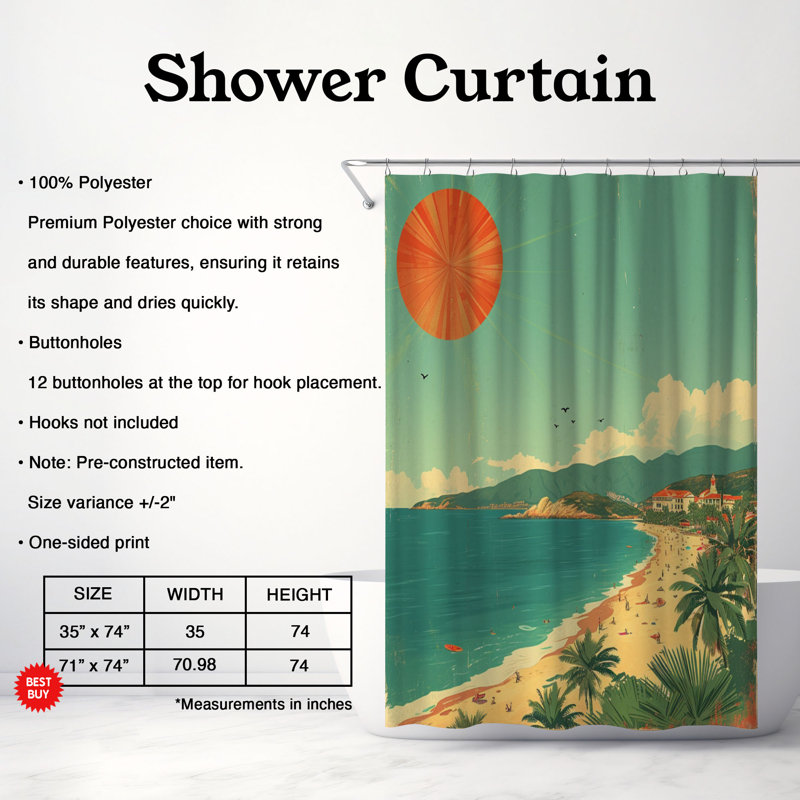 Rideau de douche standard 1 pièce Retro Hawaiian Shores, H 74 po x l 71 po