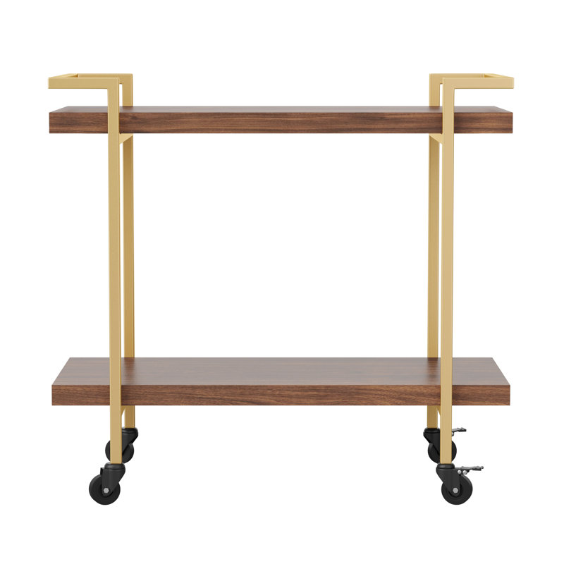 Walnut and Brass 2-Tier Mobile Office Printer Cart with Side Storage
