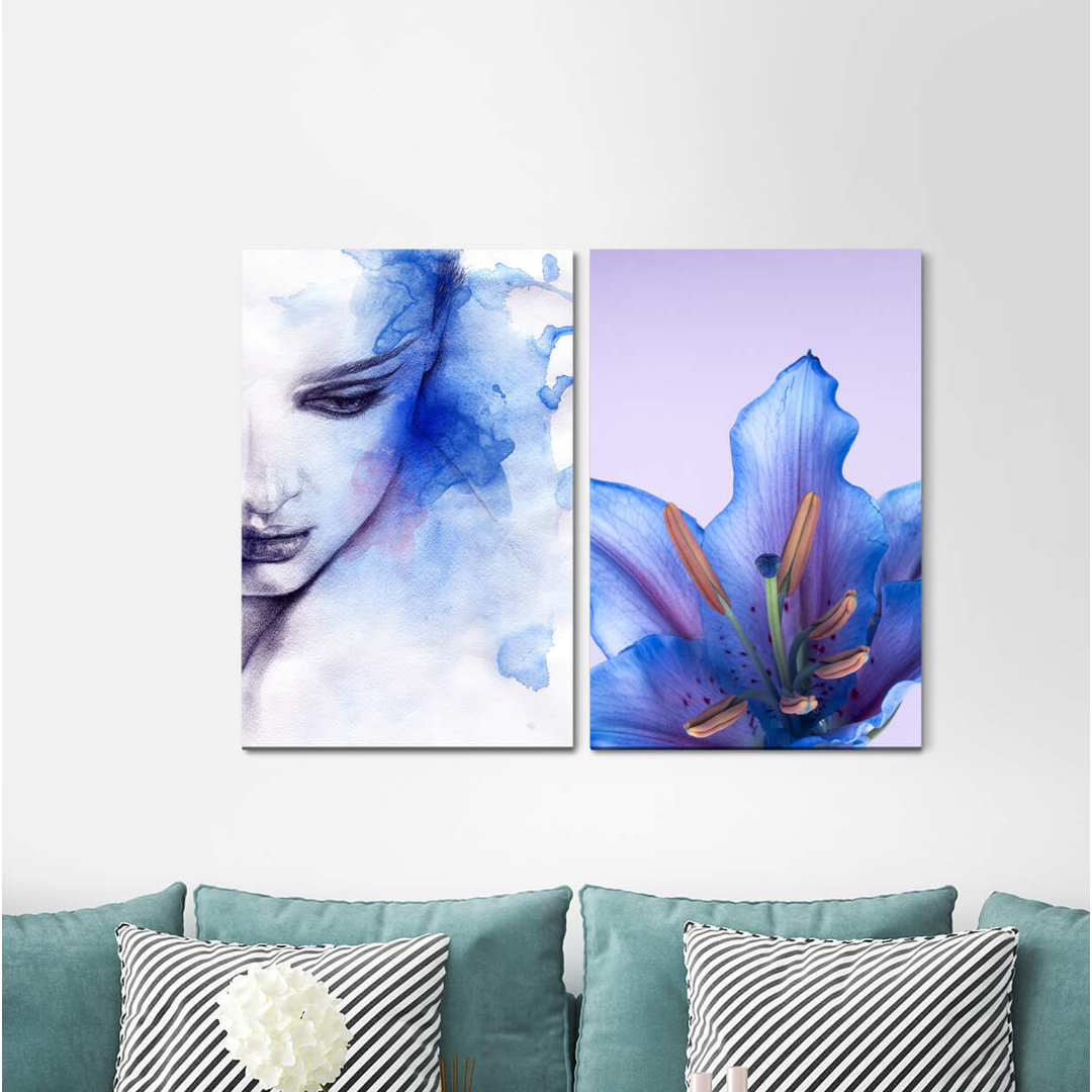 2-tlg. Leinwandbilder-Set - Fotografie „Women Portrait Blue Lily Flower Sensual Dreamlike Beautiful”