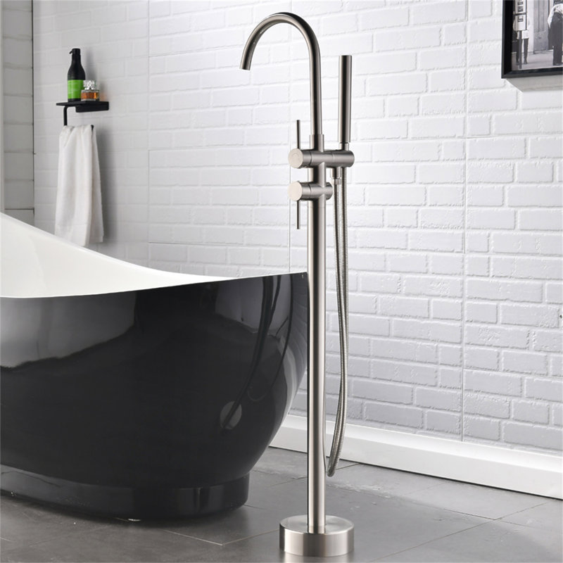 Robinet de baignoire autoportant monocommande à fixation au sol avec douche à main, Nickel brossé