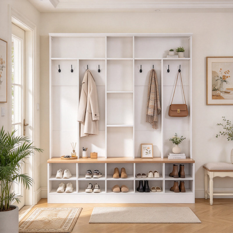 Porte-manteau multifonctionnel large avec banc de rangement et étagères cubiques, organisateur d'entrée minimaliste avec 8 crochets métalliques pour vestiaire, blanc