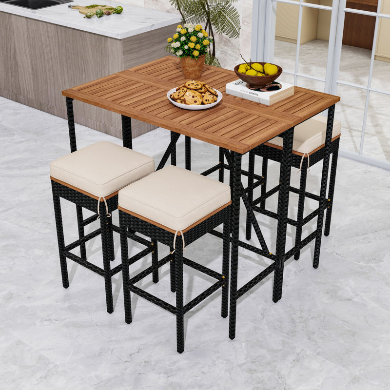 Ensemble de bar d'extérieur 5 pièces en bois d'acacia avec table pliable et 4 tabourets rembourrés pour patio ou jardin, 4