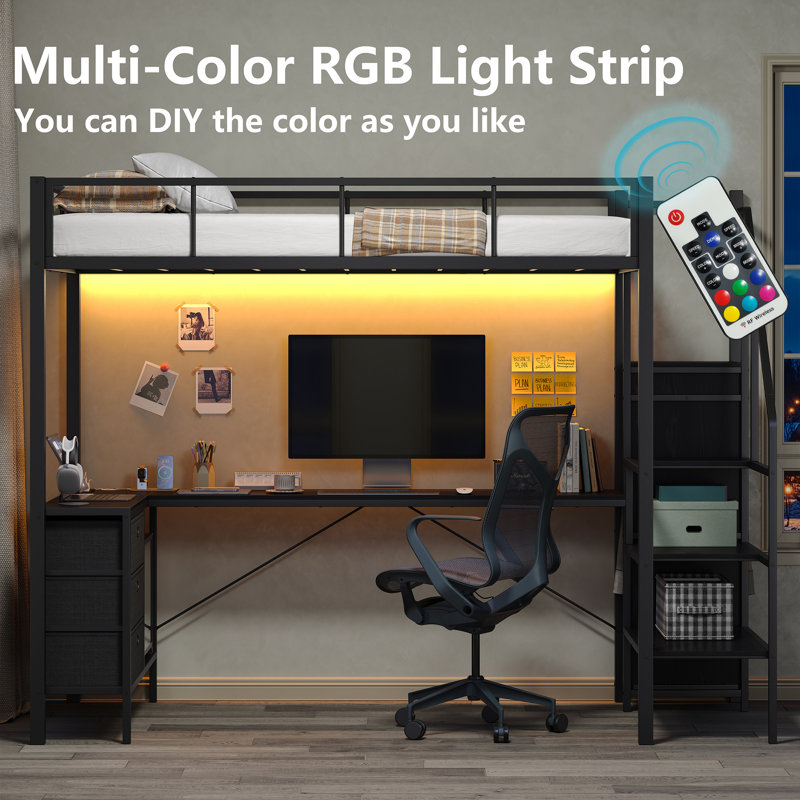 Kids Loft Bed with Charging Station and LED Lights,Loft Bed with Built-in Desk and Bookcase,Storage,Twin Size