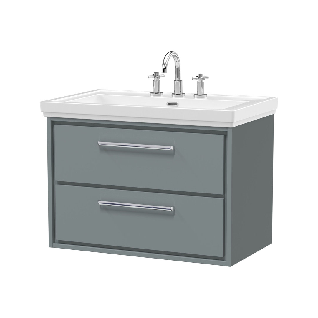 Hudson Reed Lille 600mm Fern Green 2 Drawer Wall Hung Vanity Unit With 3 Tap Holes Fireclay Basin