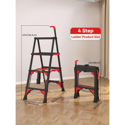 4 Step Steel Folding Step Ladder with Handrail, Telescoping Ladder