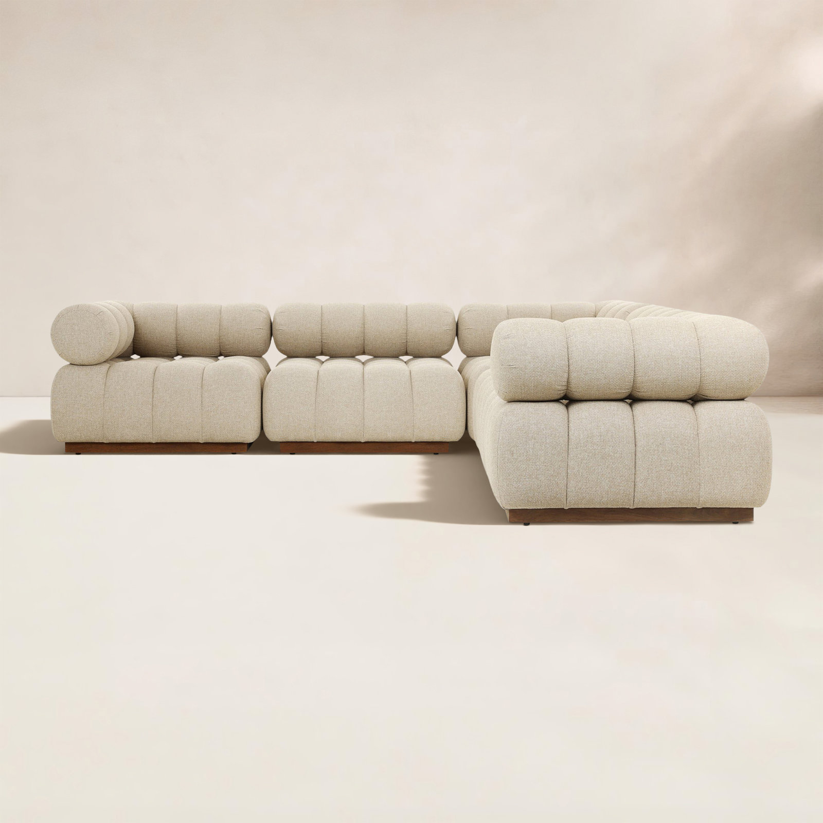 Martinique 110" Teak Patio Sectional, Hayes Cream Cushion/Stained Saddle Brown Frame