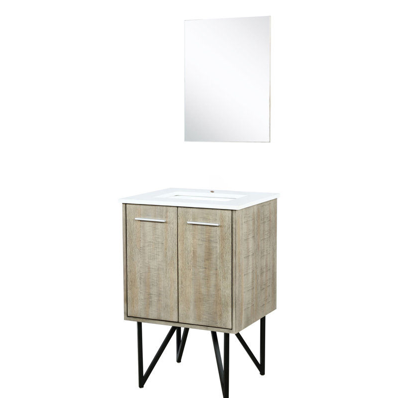 Rustique 24 po Meuble-lavabo large pour la salle de bain avec comptoir en quartz blanc, miroir coulissant encadré 18, charnières à fermeture en douceur et surface de rangement intérieure, espace de rangement de l'armoire de fermeture ovale