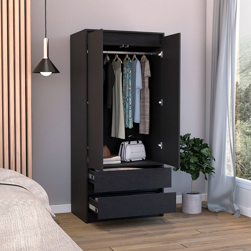 Armoire 2 tiroirs, porte double, tringle, Noir