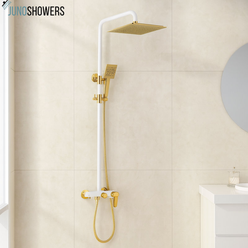 Solid Gold and Black Brass Luxurious Exposed Gold Bathroom Shower Set, Gold/Black
