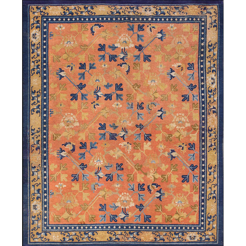Square Geometric Antique Coral Color Late 18th Century Chinese Ningxia Rug