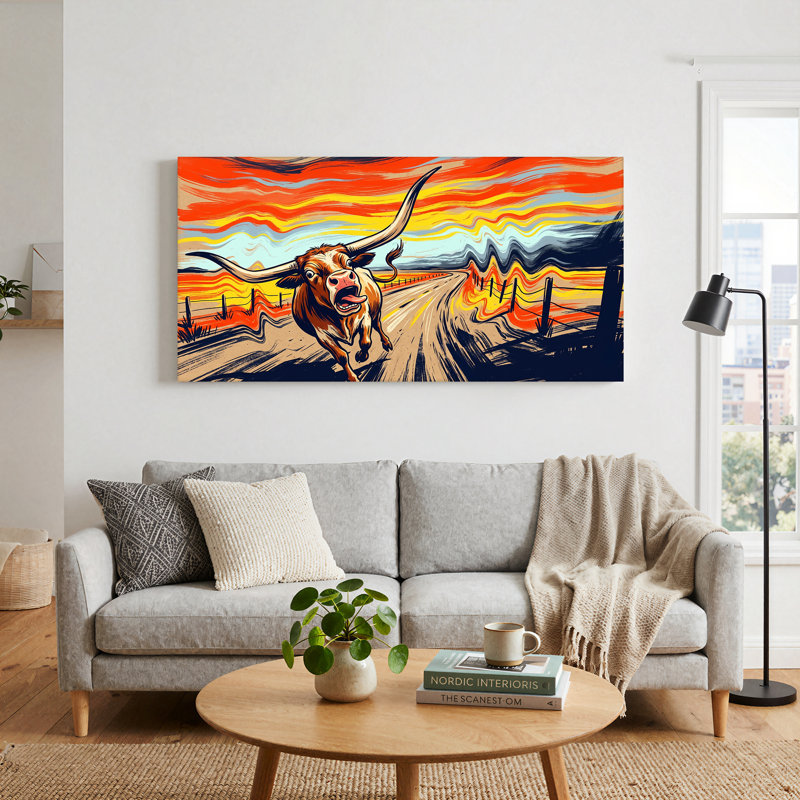 «Run Longhorn vache on Wavy Sunset Road», art mural, L 32 po x H 16 po
