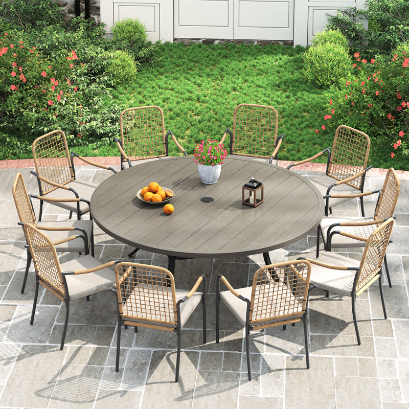 10-Person Round Patio Dining Set With Woven Rattan Cushioned Chairs, Brush Wood Gray