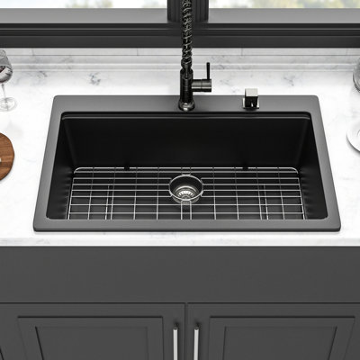 33X22" Black Granite Quartz Kitchen Workstation Sink, Composite, Non - Porous To Reduce Dirt, Smooth Scratch Surface, Comes With And Strainers Composite Drop In, Thick Strong, Keep Clean, Drying Rack