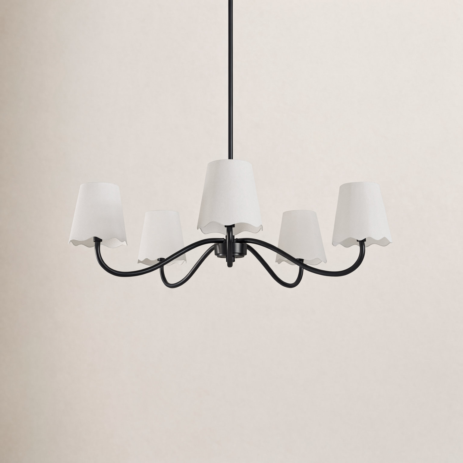 5-Light Chandelier with Fabric Shades, Matte Black, White 