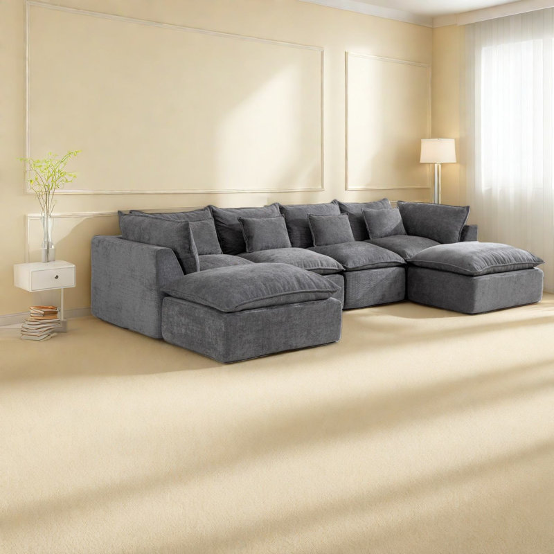 Canapés d'angle modulaires modernes surdimensionnés, tissu gaufré en coton, 4 places, 2 poufs