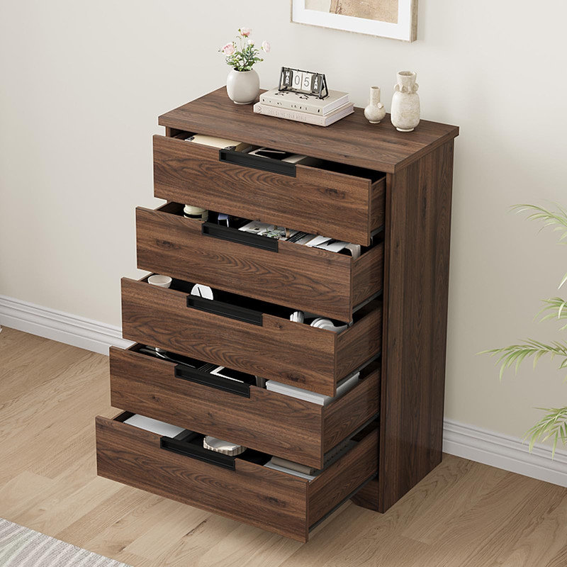 Walnut 5-Drawer Dresser with Hidden Handles, Wooden Chest for Bedroom, Living Room, Entryway, Nursery