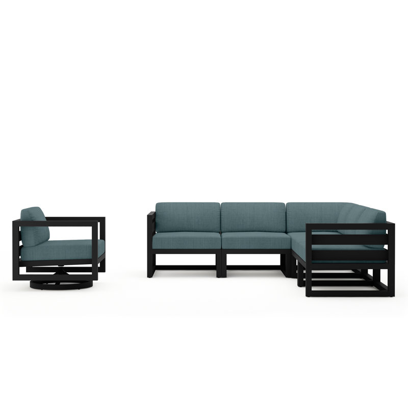 Avion 6 Piece Sectional Set With Swivel, Black, Cast Lagoon Sunbrella® Plainweave