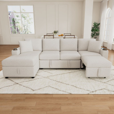 109" Convertible Sectional Sofa With Storage Ottoman - L-Shape To U-Shape Configurable - Pull-Out Sleeper Sofa Bed For Spacious Living Rooms