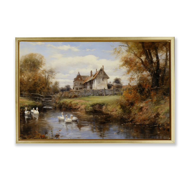 «Ducks in Cottage River», toile flottante encadrée par Petal Prints Design, Cadre flottant métallique doré, H 17 po x l 25 po