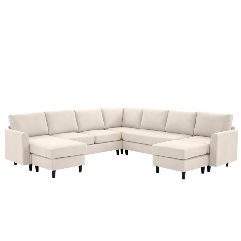 Lyles 107.3" Sectional Sofa With Armrest Black Legs And Moveable Ottoman Seater For 9, Beige Fabric
