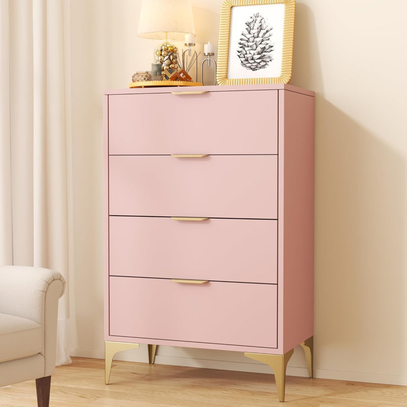 4 Drawer Dressers for Bedroom, Storage Chest Cabinet Organizer Unit, Chest of Drawer, Pink
