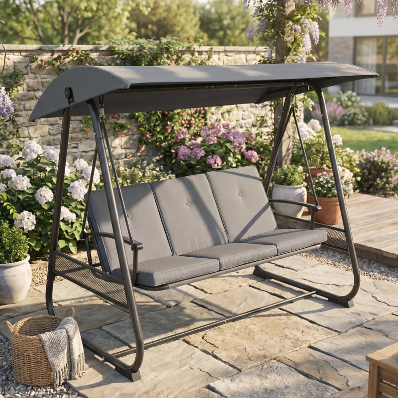 Balançoire à baldaquin 3 places pour véranda d'extérieur avec dossier réglable, balançoire convertible en lit 2 en 1 pour patio