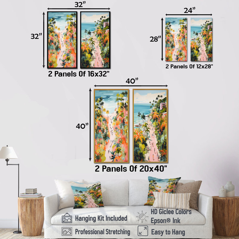 Scène de plage côtière paradis en couleur pastel II - ensemble de 2 décorations murales de plage côtière, H 28 po x l 25 po