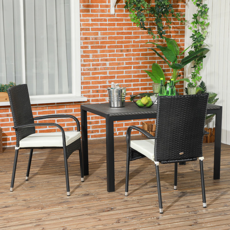 Stackable Pe Outdoor Dining Chairs With Cushions, 2 . Patio Armrest & . Cream White. 22" W X 23.5" D 37.5" H. 264 Lbs Load Capacity. All-Weather Seating, Assembly Needed 2. White , For Patio, Deck.